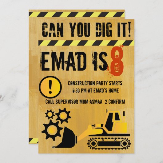 Bauthema Party Einladung (Vorne/Hinten)