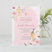 Bautismo color rosa con flores einladung (Stehend Vorderseite)