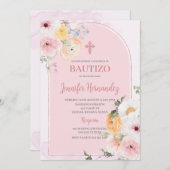Bautismo color rosa con flores einladung (Vorne/Hinten)