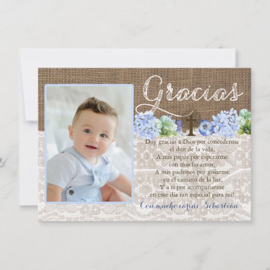 Bautismo danken Ihnen Gracias Karte auf spanisch (Vorderseite)