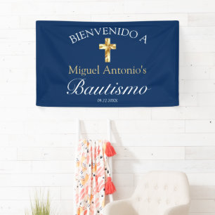 Bautismo de Bebé Azul Marino Dorado Bienvenido Banner