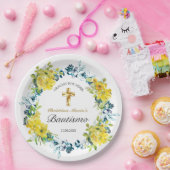 Bautismo de Niña Bonita Cruz Floral Amarillo Class Pappteller (Party)