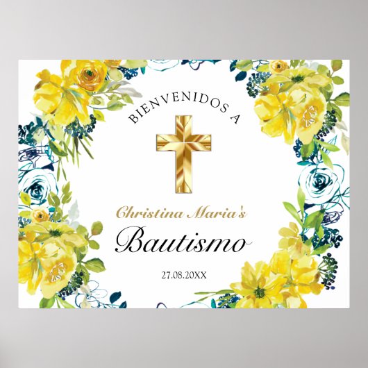 Bautismo de Niña Bonita Cruz Floral Amarillo Poster (Vorne)