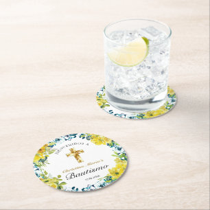 Bautismo de Niña Bonita Cruz Floral Amarillo Runder Pappuntersetzer