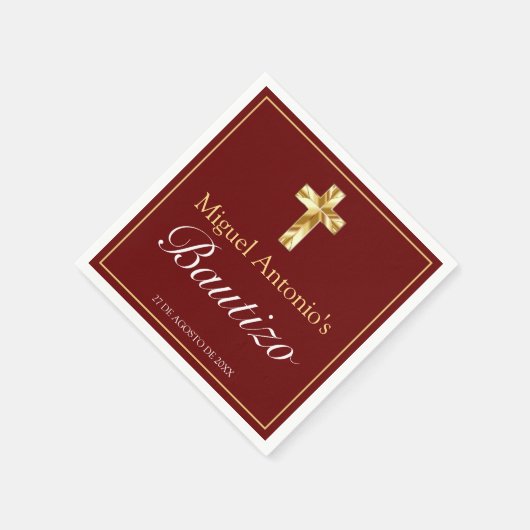 Bautizo Bebé Niño Cruz Borgoña Oro Serviette (Ecke)