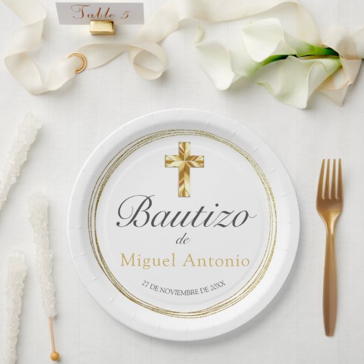 Bautizo Bebé Niño Cruz de Oro y Blanco Elegante Pappteller (Hochzeit)
