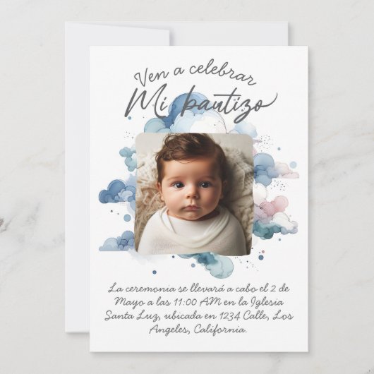 Bautizo con foto Spanische Wasserfarbe Einladung (Vorderseite)