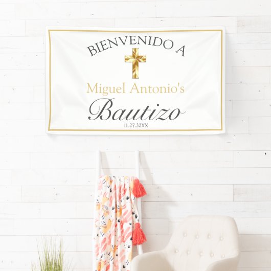 Bautizo de Bebé Blanco Clásico Dorado Bienvenido Banner (Insitu)