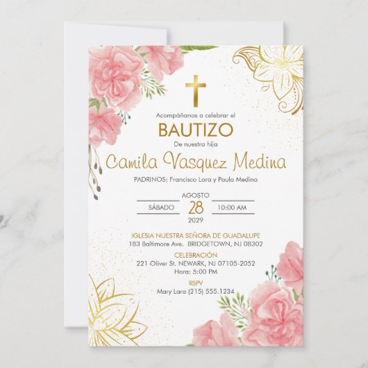 Bautizo Einladung in Spanisch Taufe Rosa Blume (Vorderseite)