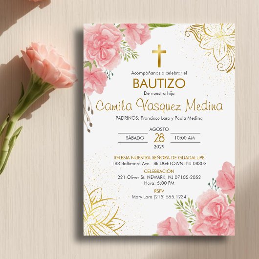 Bautizo Einladung in Spanisch Taufe Rosa Blume