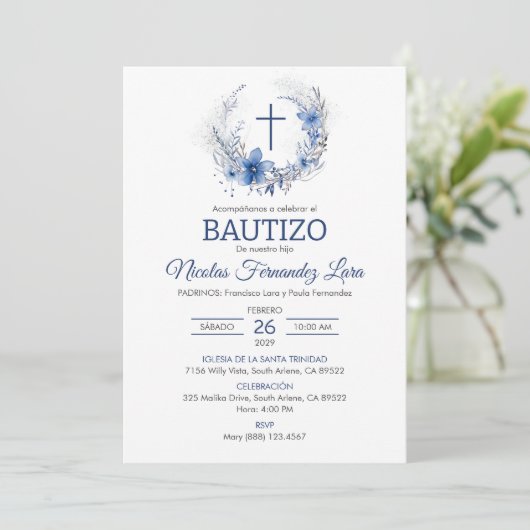Bautizo Einladung Niedliche Cross Blue Blumen Tauf (Stehend Vorderseite)