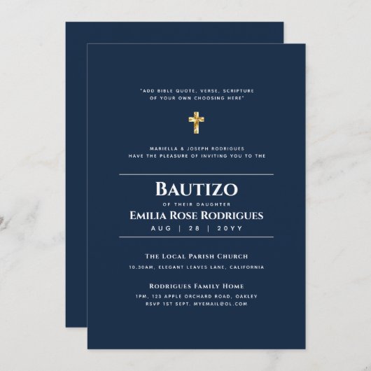 Bautizo Español Bilingüe Moderne Elegante Gles Einladung (Vorne/Hinten)