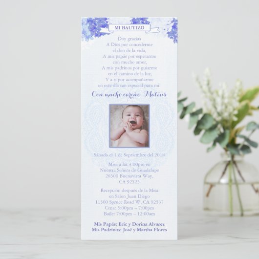 Bautizo Español | Blue Hydrangeas Spanische Taufe Einladung (Stehend Vorderseite)