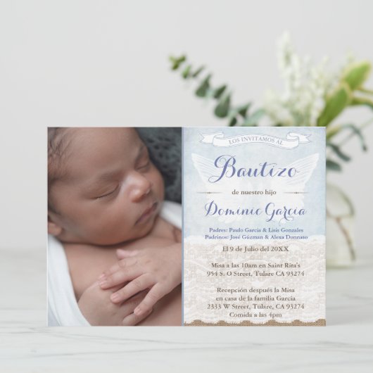 Bautizo-Fotokarten auf Spanisch, Boy Latino-Taufe Einladung (Stehend Vorderseite)