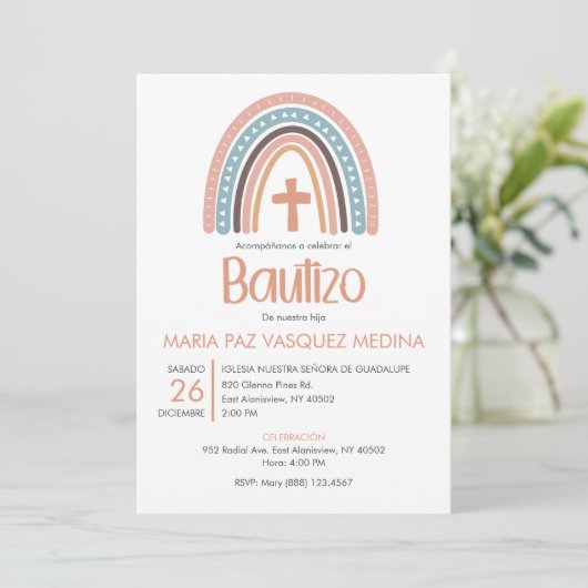 Bautizo Invitacion Katholische Pastel Rainbow Tauf Einladung (Stehend Vorderseite)
