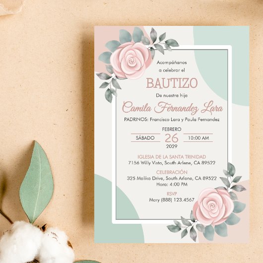 Bautizo Invitacion Niedlich Pink Roses Blume Taufe Einladung