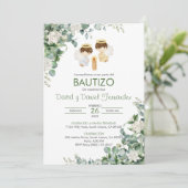 Bautizo Invitacion Twin Buben Grüne Blätter Taufe Einladung (Stehend Vorderseite)