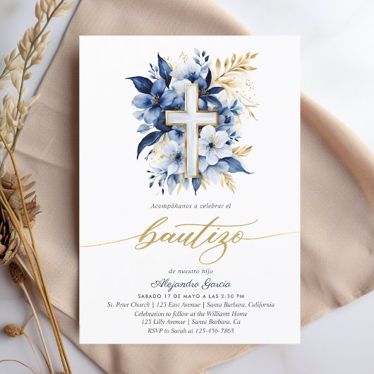 Bautizo Navy Blue & Gold Wasserfarbe Spanisch Einladung