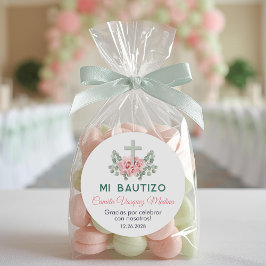 Bautizo Niedlich rosa Rosen und Blätter Spanische  Runder Aufkleber