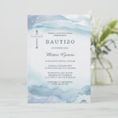 Bautizo Niño Azul Cruz Einladung (Stehend Vorderseite)