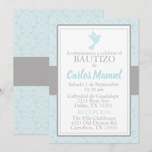 Bautizo Spanische Taufe Blauer Silbertaube Einladung (Vorne/Hinten)