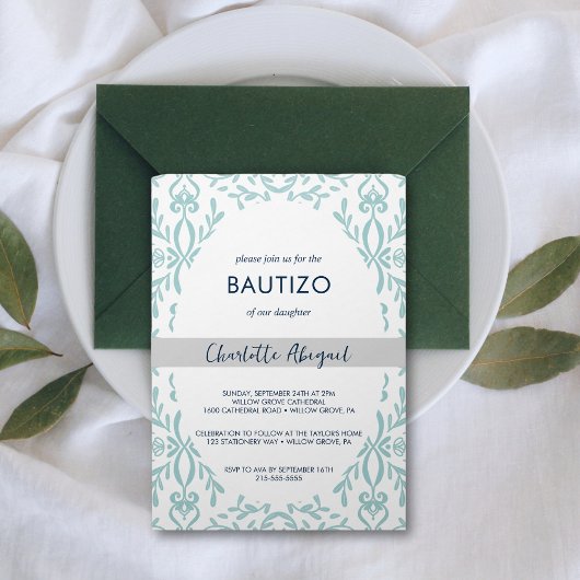 Bautizo Toile de Jouy Nino Nina Taufe auf Spanisch Einladung