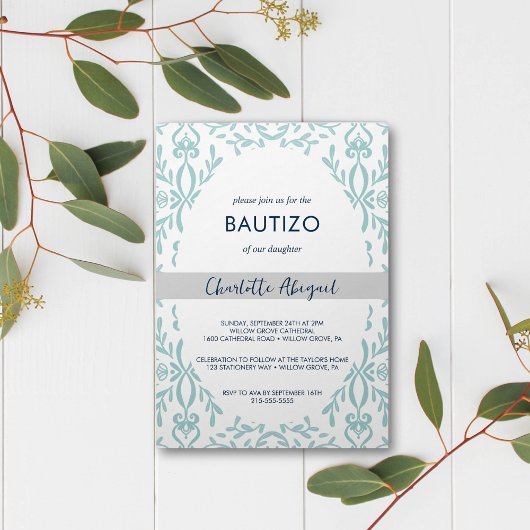 Bautizo Toile de Jouy Nino Nina Taufe auf Spanisch Einladung