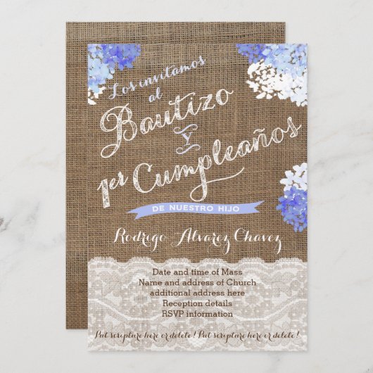 Bautizo y 1er cumple, Latino Taufe Geburtstag Einladung (Vorne/Hinten)