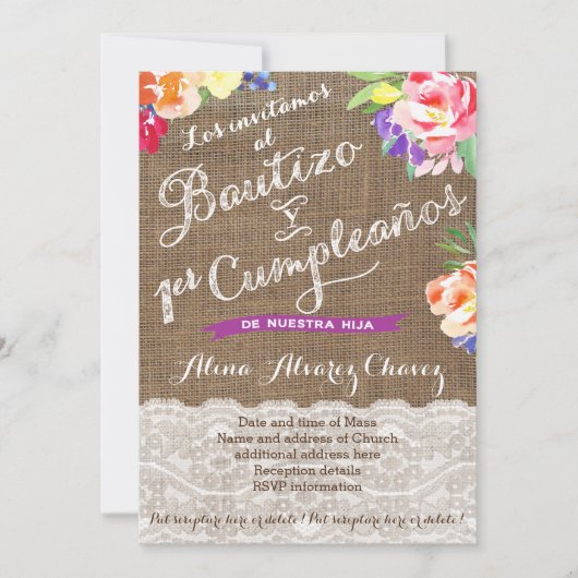 Bautizo y 1er cumple, leuchtend mexikanische Blume Einladung (Vorderseite)