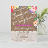 Bautizo y 1er cumple, leuchtend mexikanische Blume Einladung (Stehend Vorderseite)