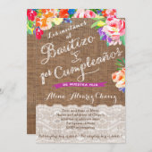 Bautizo y 1er cumple, leuchtend mexikanische Blume Einladung (Vorne/Hinten)