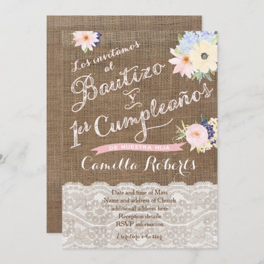 Bautizo y 1er cumpleaños, invitaciones para niña einladung (Vorne/Hinten)