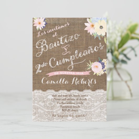 Bautizo y 2do cumpleaños, segundo cumple bautismo einladung (Stehend Vorderseite)