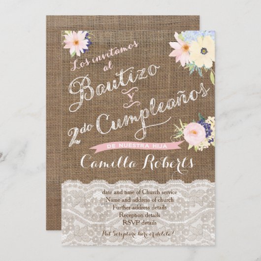 Bautizo y 2do cumpleaños, segundo cumple bautismo einladung (Vorne/Hinten)