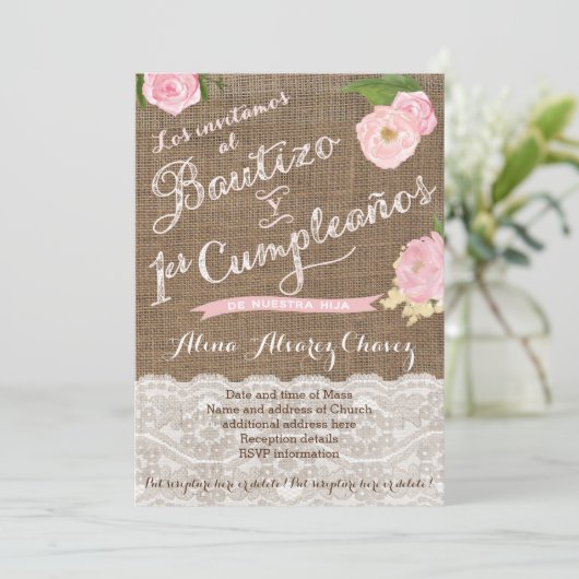 Bautizo y primer cumple, Spanisch einladen Castell Einladung (Stehend Vorderseite)