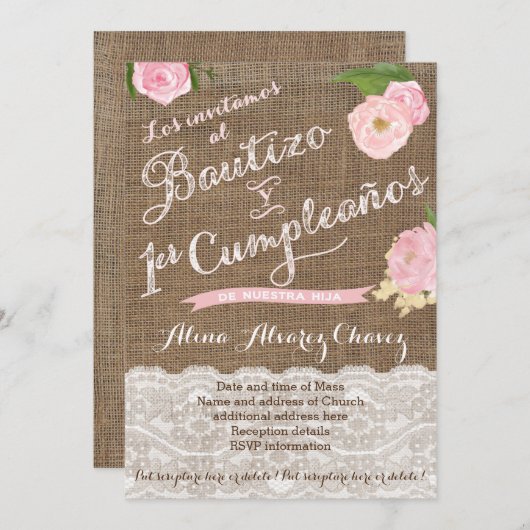 Bautizo y primer cumple, Spanisch einladen Castell Einladung (Vorne/Hinten)