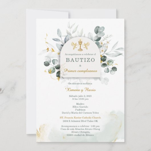 Bautizo y Primer Cumpleanos de Mellizos Einladung (Vorderseite)