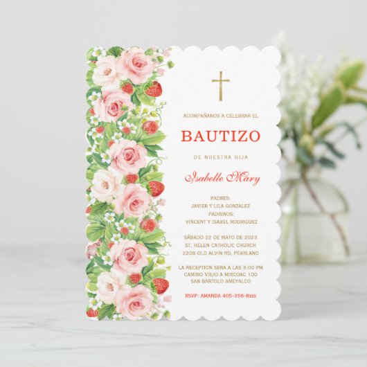 Bautizo y Primer Cumpleaños Fresa Einladung (Stehend Vorderseite)