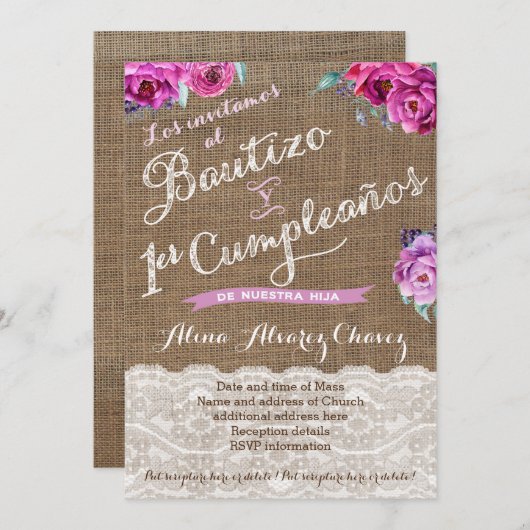 Bautizo y primer cumpleaños, invitación castellano einladung (Vorne/Hinten)