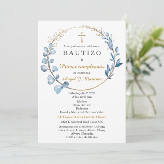 Bautizo y Primer Cumpleaños Niño Einladung (Stehend Vorderseite)