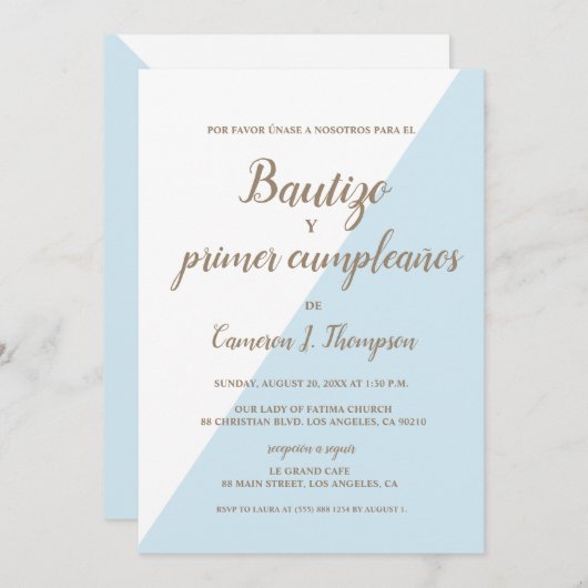 Bautizo y primer cumpleaños Taufe Spanisch Blau Einladung (Vorne/Hinten)