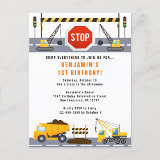 Bautransporter 1. Geburtstag Party Einladung Postkarte