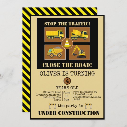 Bautransporter | Boys Themed Birthday Party Einladung (Vorne/Hinten)