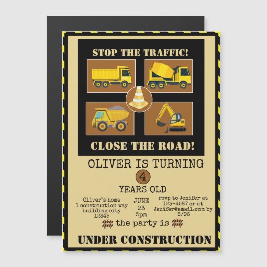 Bautransporter | Boys Themed Birthday Party Magneteinladung (Vorne/Hinten)