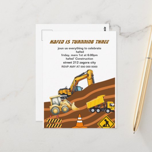 Bautransporter Einladung zum Geburtstag, Ausgraben Postkarte (Vorderseite/Rückseite Beispiel)