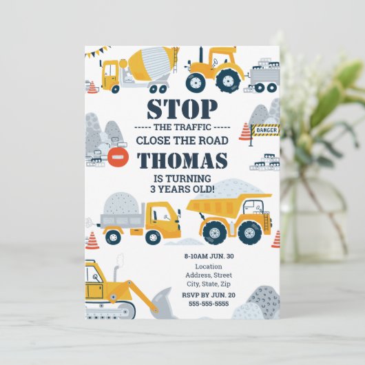 Bautransporter Kleinkinder Einladung zum Geburtsta (Stehend Vorderseite)