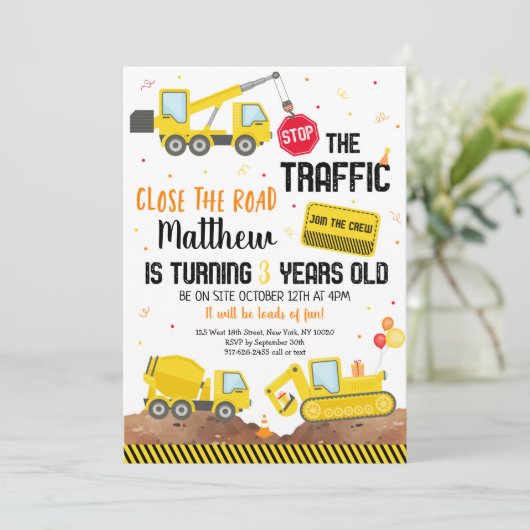 BAUTruck-Sprung LKW Digger Geburtstag Einladung (Stehend Vorderseite)