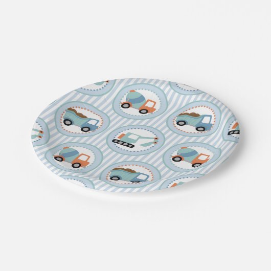 BAUTrucks - Niedlich blau weiß Pappteller (Schrägansicht)