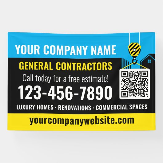 Bauunternehmen QR Code Blue Promotion Banner (Horizontal)