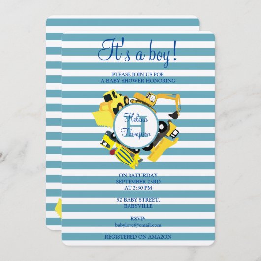 Bauwagen Baby Boy Baby Shower Einladung (Vorne/Hinten)